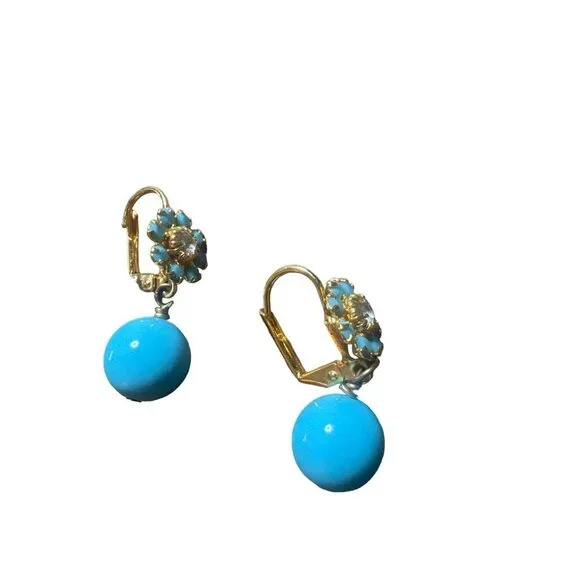 Turquoise Pierced Dangle Earrings Rhinestones Prong Set Gold Delicate - Picture 3 of 3